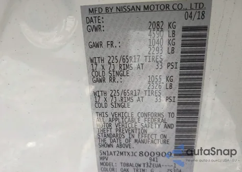 2018 Nissan Rogue Sv z USA, uszkodzony, nr VIN 5N1AT2MTXJC800909